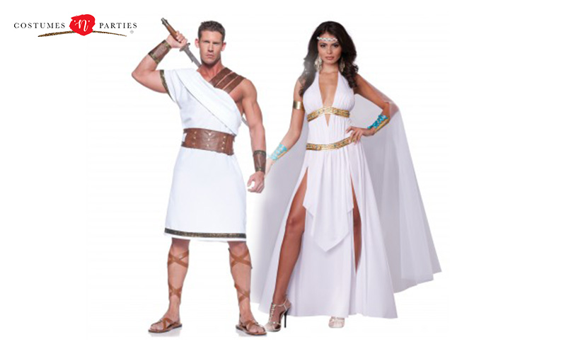 A couple in Greek god and goddess costumes.